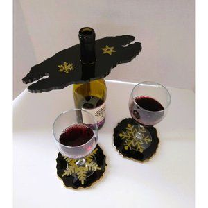 Geode Shaped Wine Glass Holder and 2 Coasters Black with Gold Snowflakes